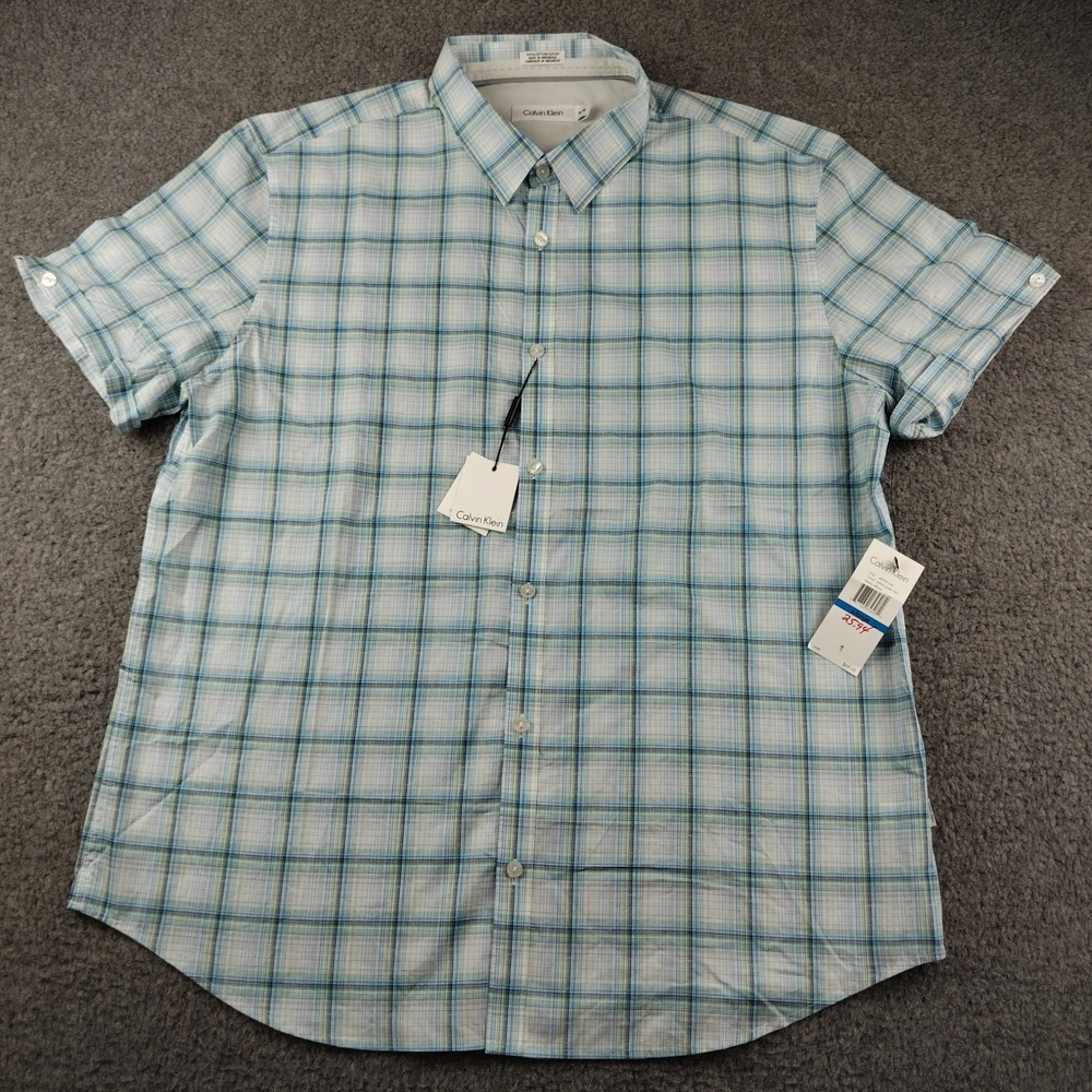 Calvin Klein Mens XL Short Sleeve Button Down Shirt Patina Green Plaid NWT